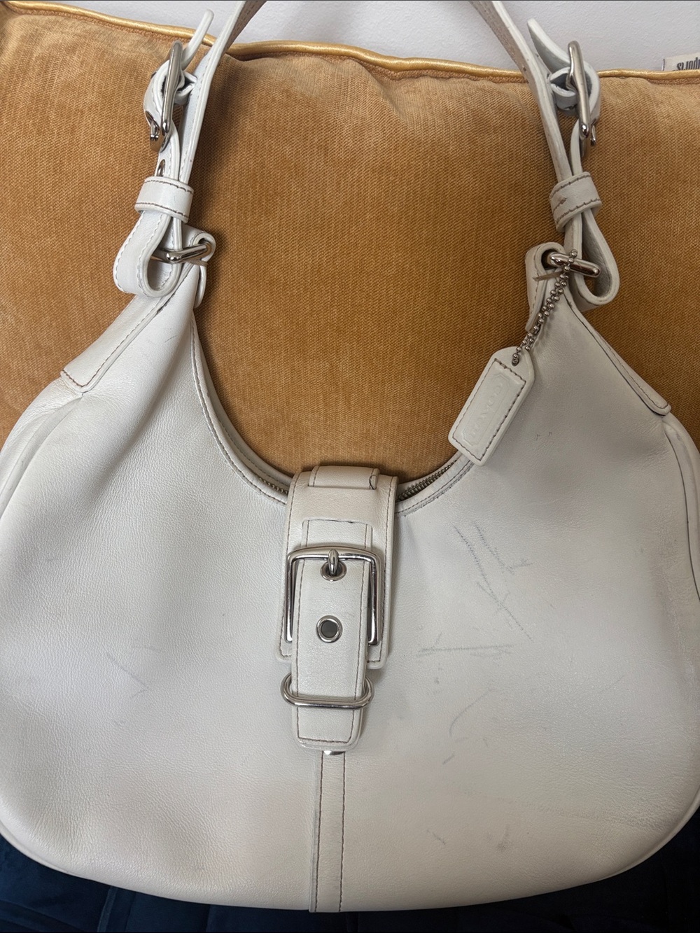 White Leather Shoulder Bag with Buckle Detail